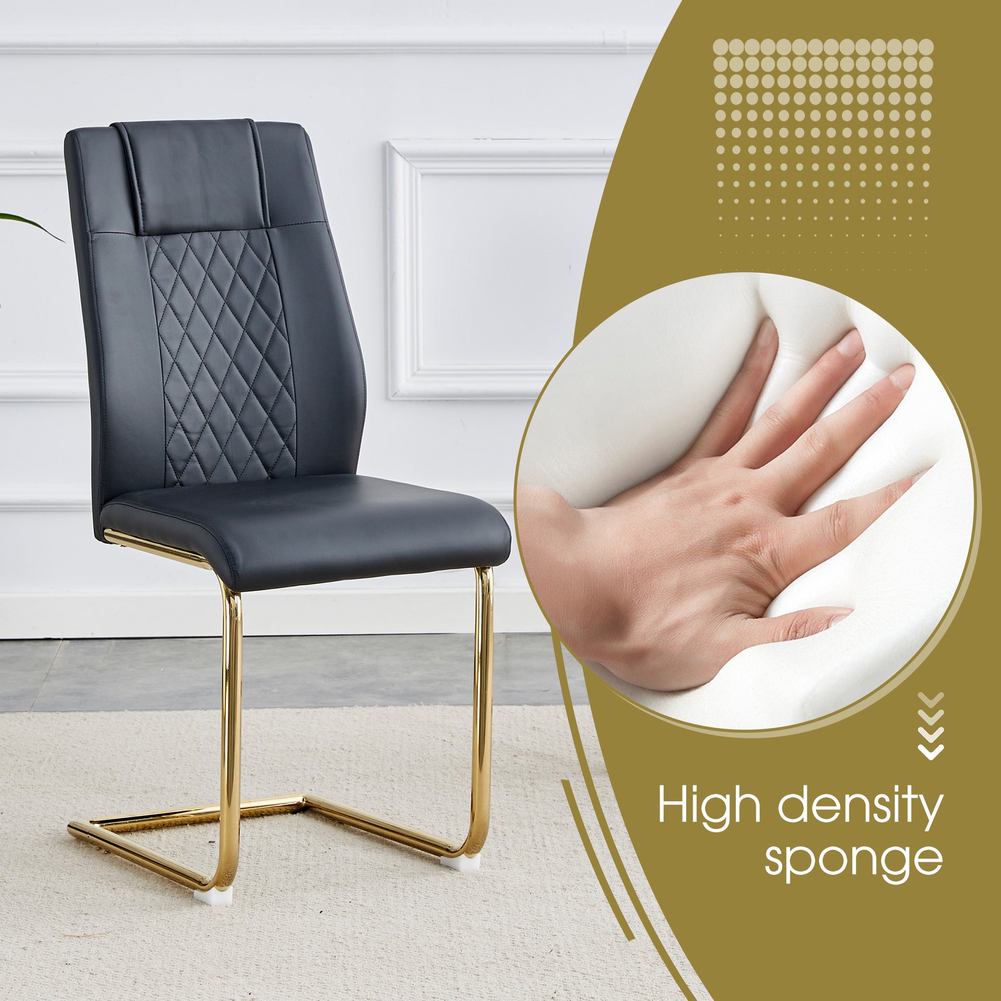 Black faux leather dining chair with diamond stitching and gold sled legs