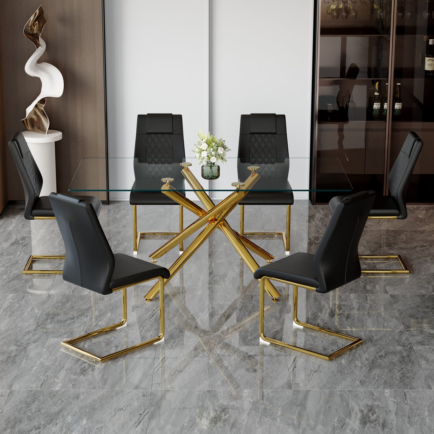 Modern glass dining table with striking gold geometric base featuring six black upholstered chairs