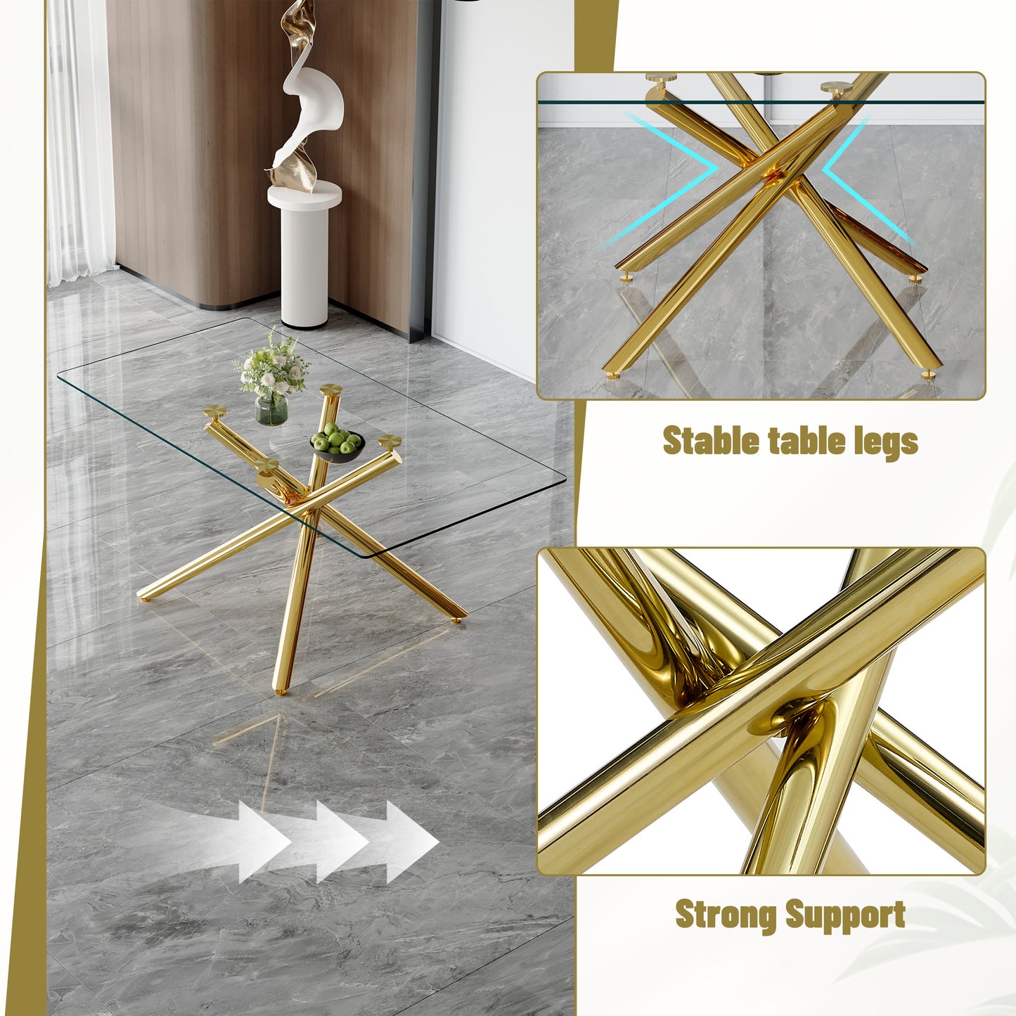 Glass top coffee table with polished gold Xshaped legs perfect for modern living rooms