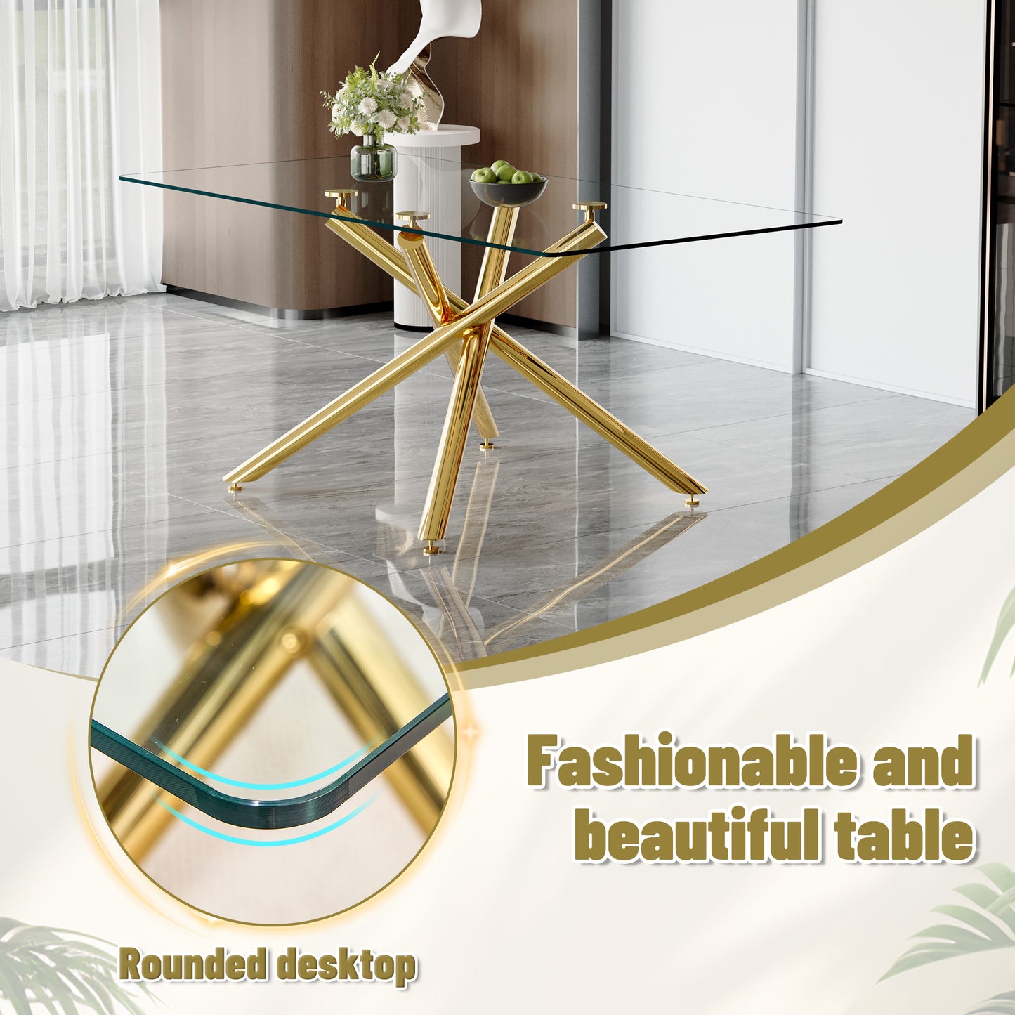 Glass top dining table with polished gold starburst base