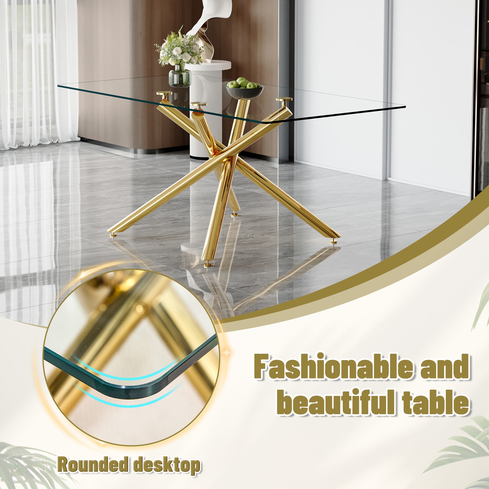 Glass top dining table with polished gold starburst base