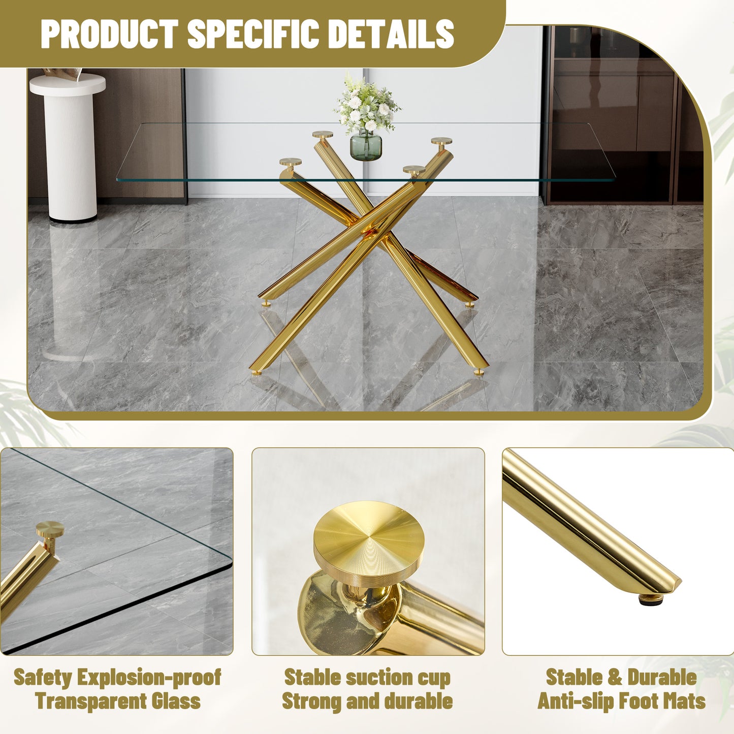 Gold metal Xbase with a clear glass tabletop featuring a floral centerpiece