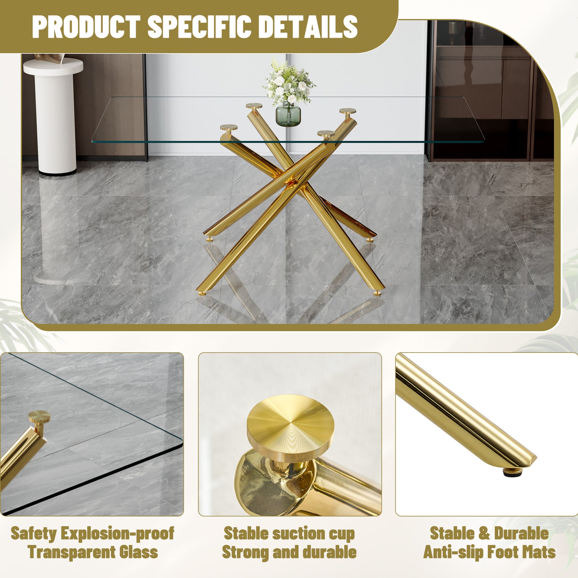 Gold metal Xbase with a clear glass tabletop featuring a floral centerpiece