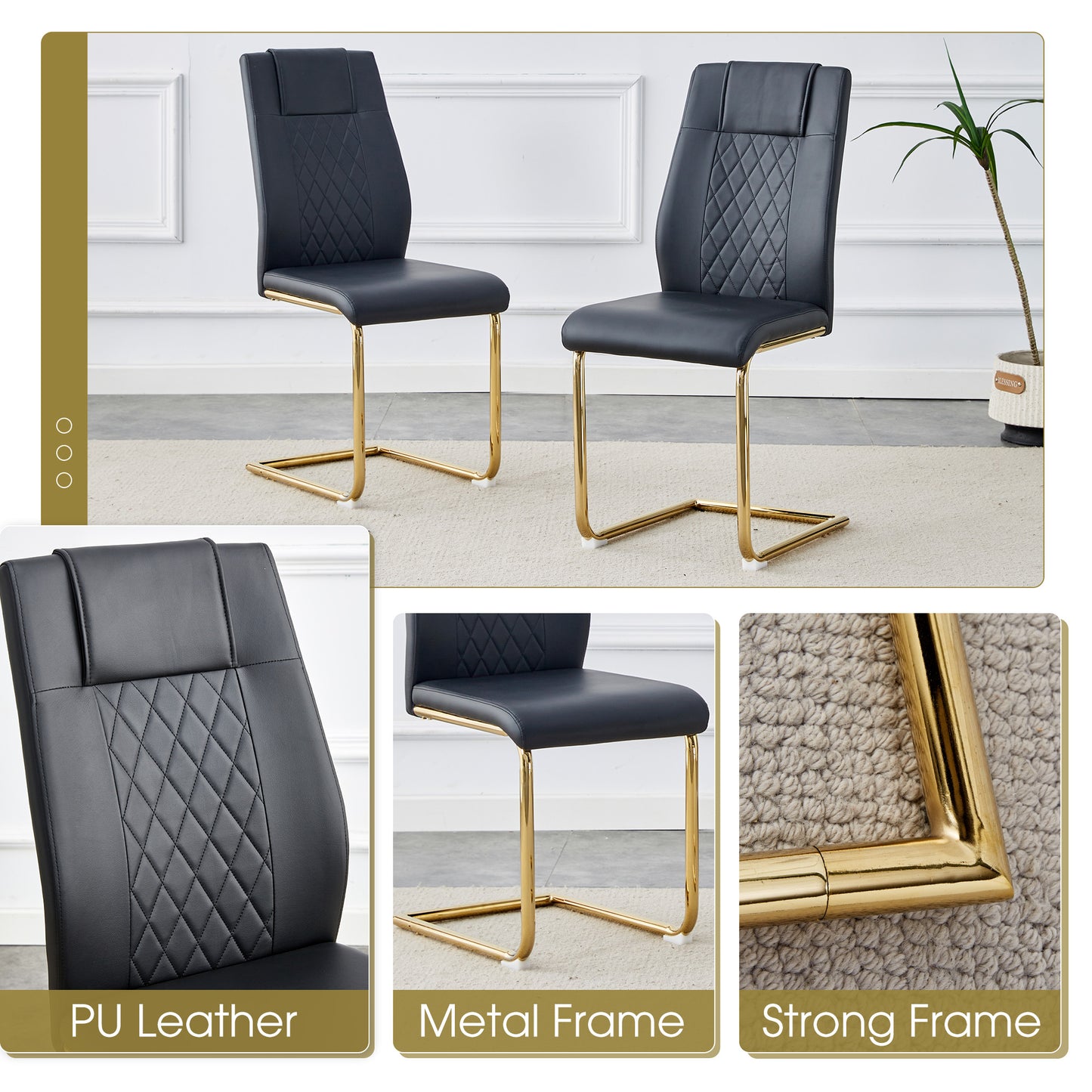 Black PU leather dining chair with diamond quilting and gold metal cantilever frame
