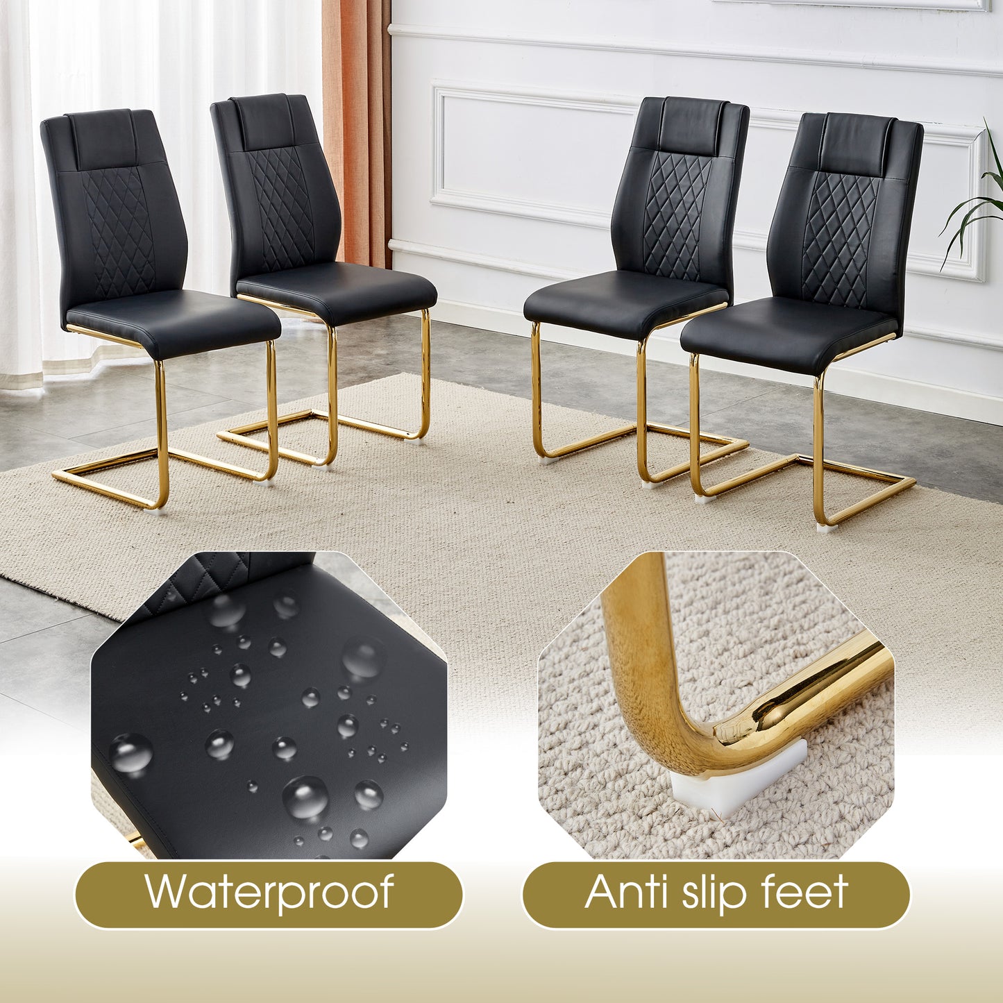 Set of four black faux leather dining chairs with diamond stitching and gold metal legs