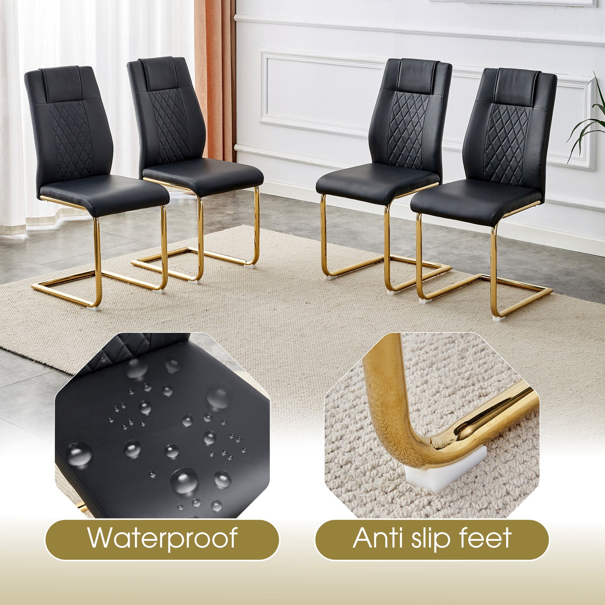 Set of four black faux leather dining chairs with diamond stitching and gold metal legs