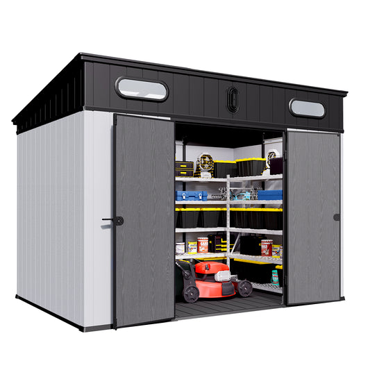 Spacious outdoor storage shed with sliding doors ideal for garden tools and lawnmower