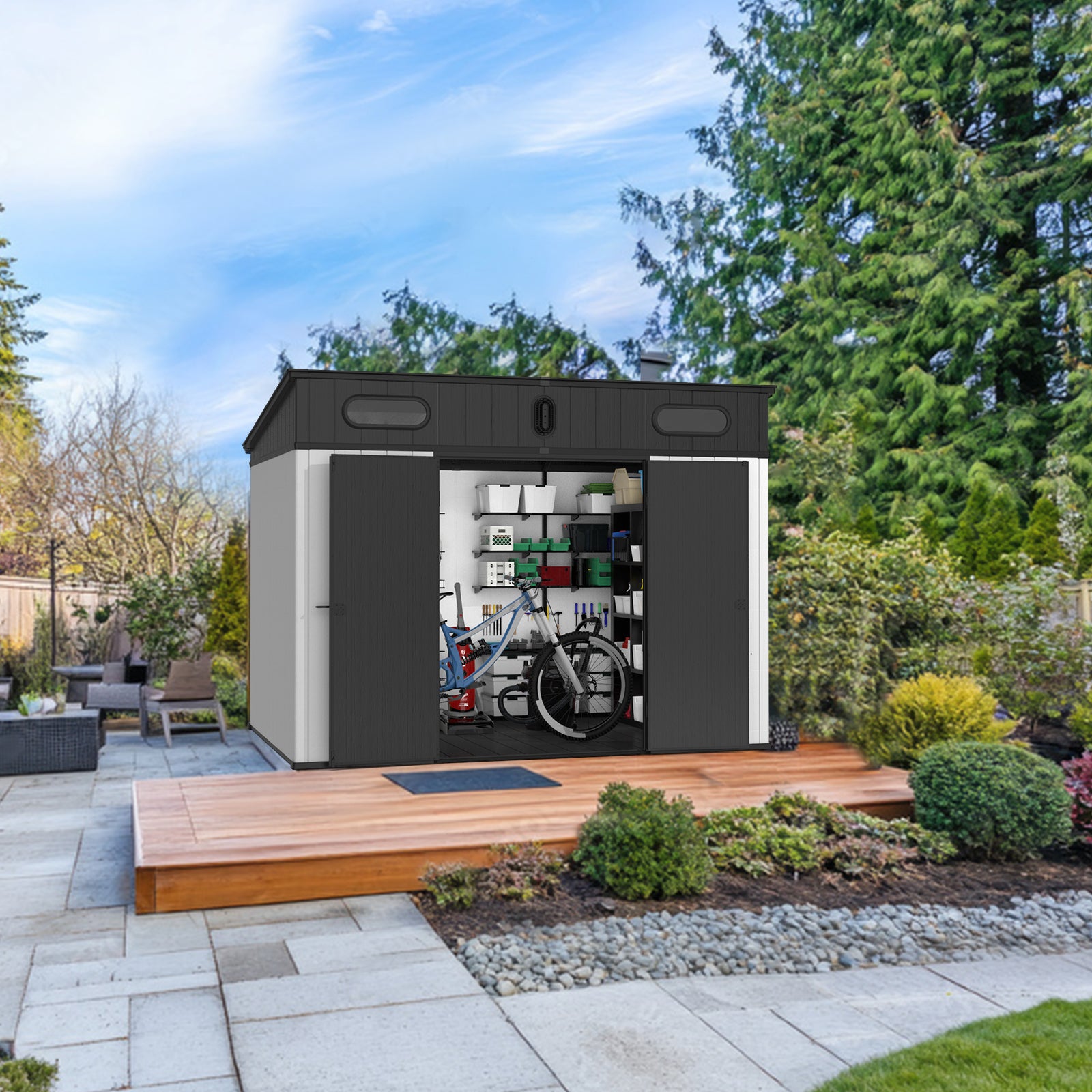 Modern grey outdoor storage shed with bike and shelving ideal for garden organization