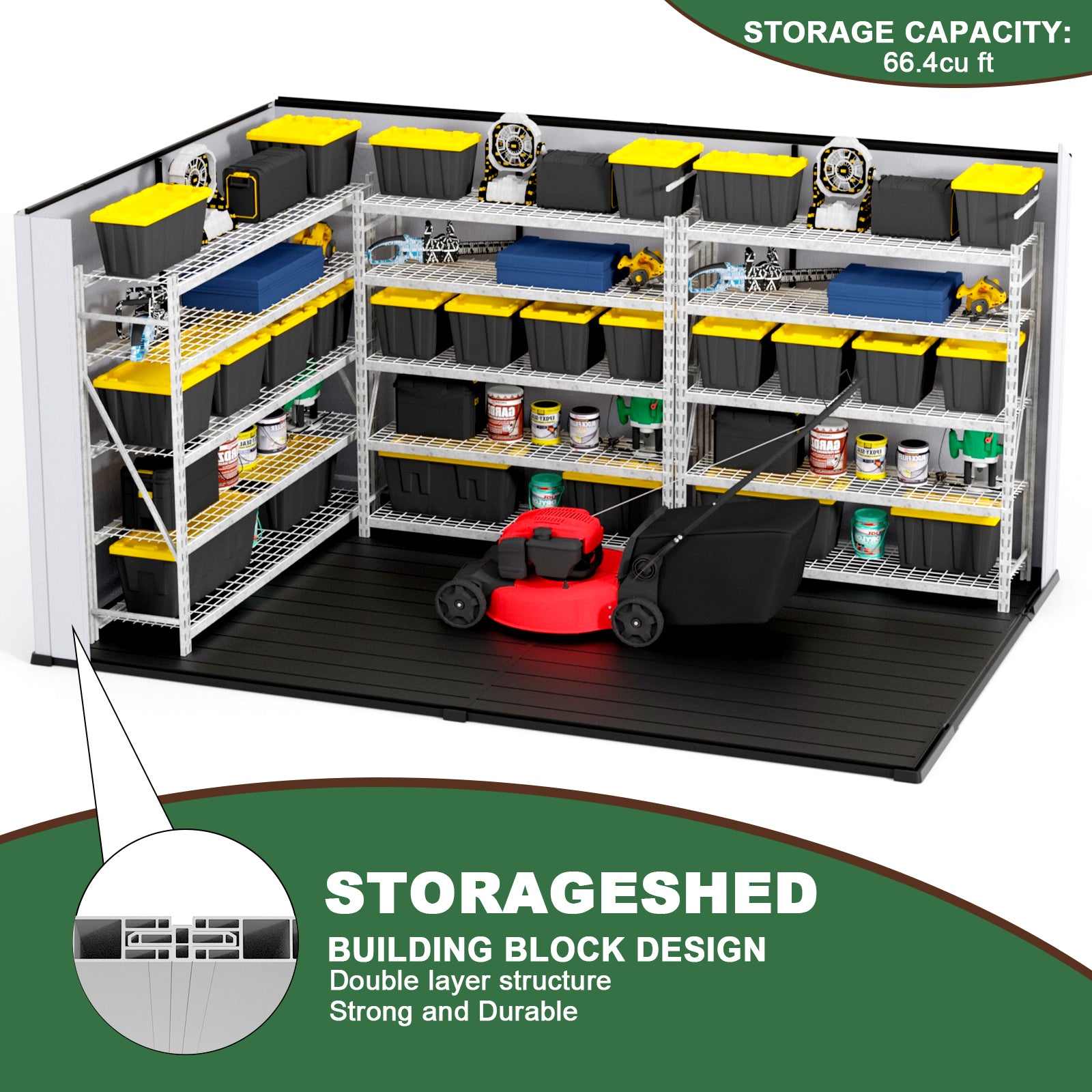 Modular storage shed interior with grey shelving units holding black and yellow bins and a red lawnmower