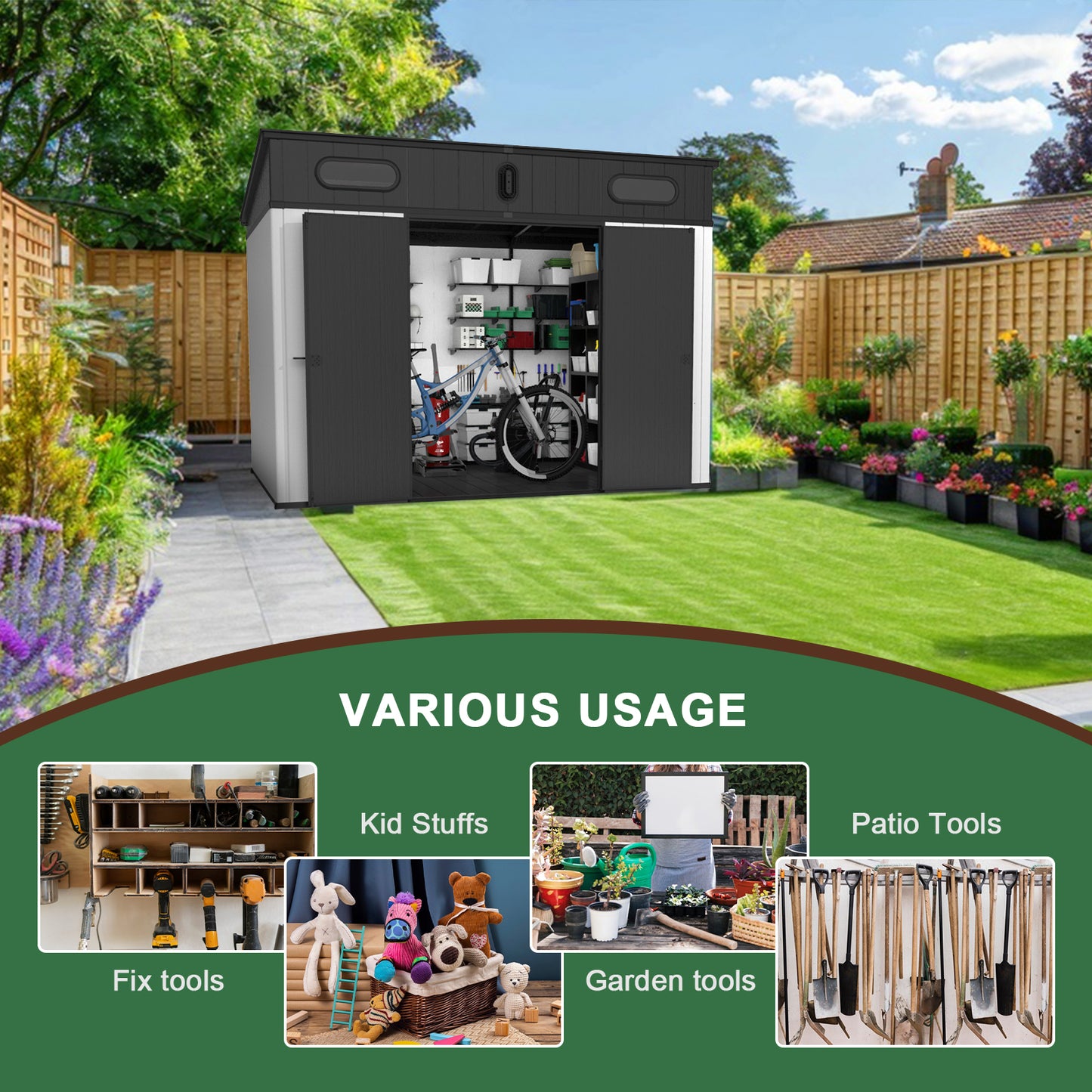 A modern grey and white storage shed with open double doors showcasing a bicycle and shelves of storage bins