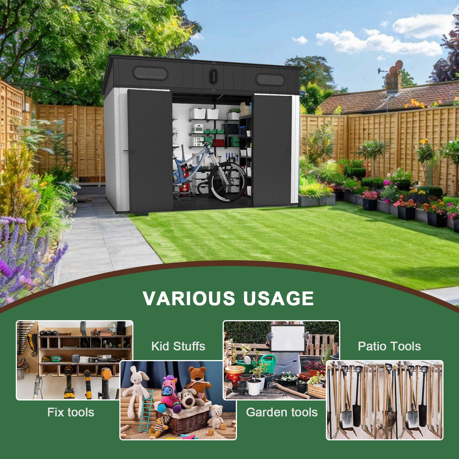 A modern grey and white storage shed with open double doors showcasing a bicycle and shelves of storage bins