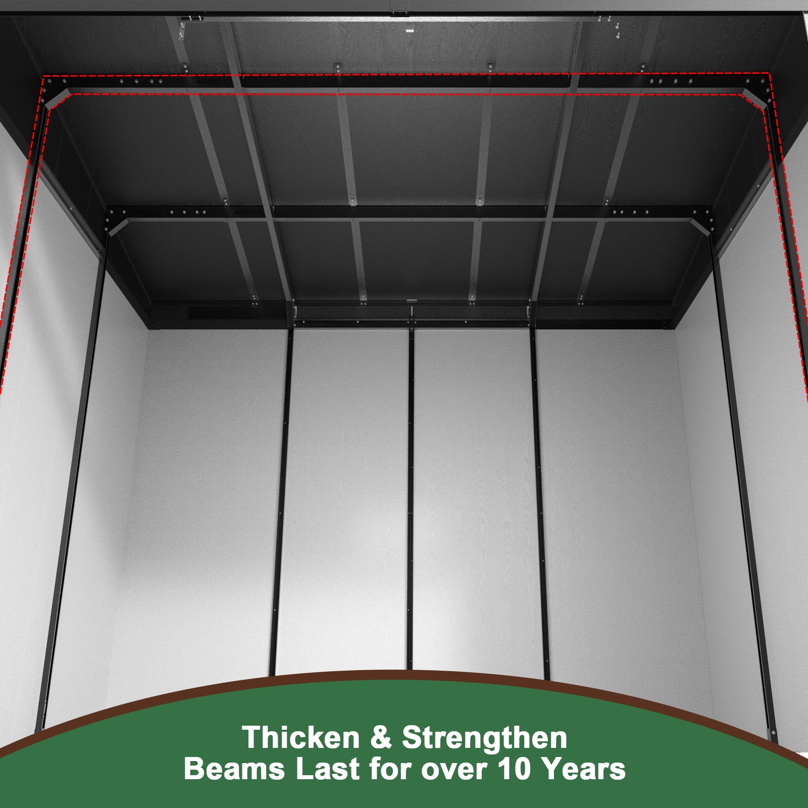 Heavy duty shed frame with reinforced steel beams for durability