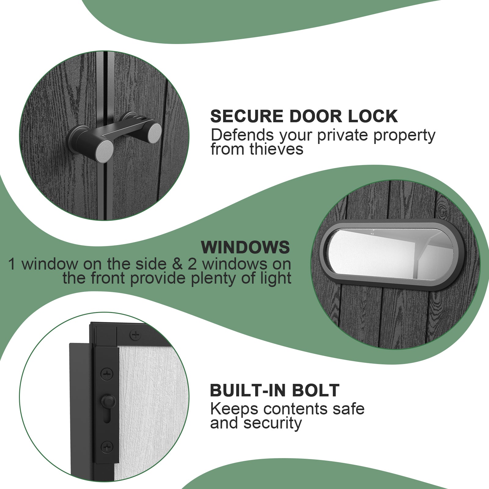 Black shed door with a secure lock mechanism for enhanced security