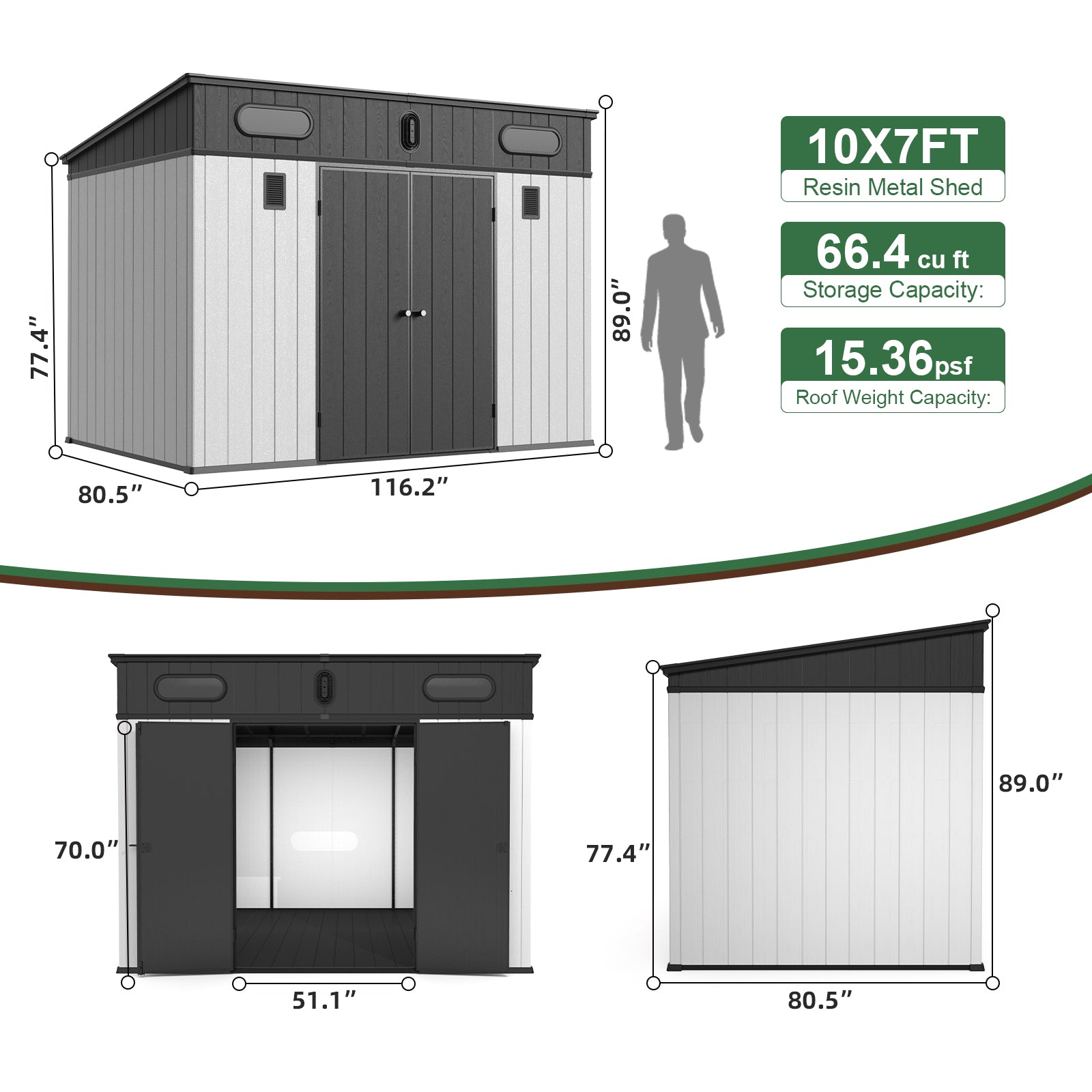 Spacious xFT resin metal shed with dual dark gray doors and white siding