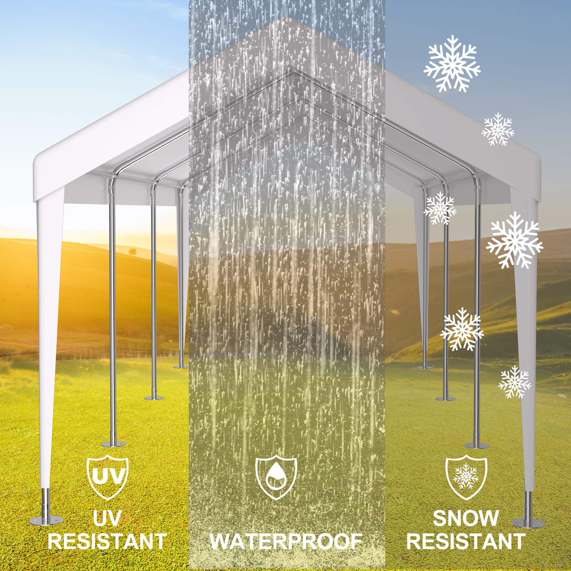 White canopy tent demonstrating UV resistant properties with sunshine and icons