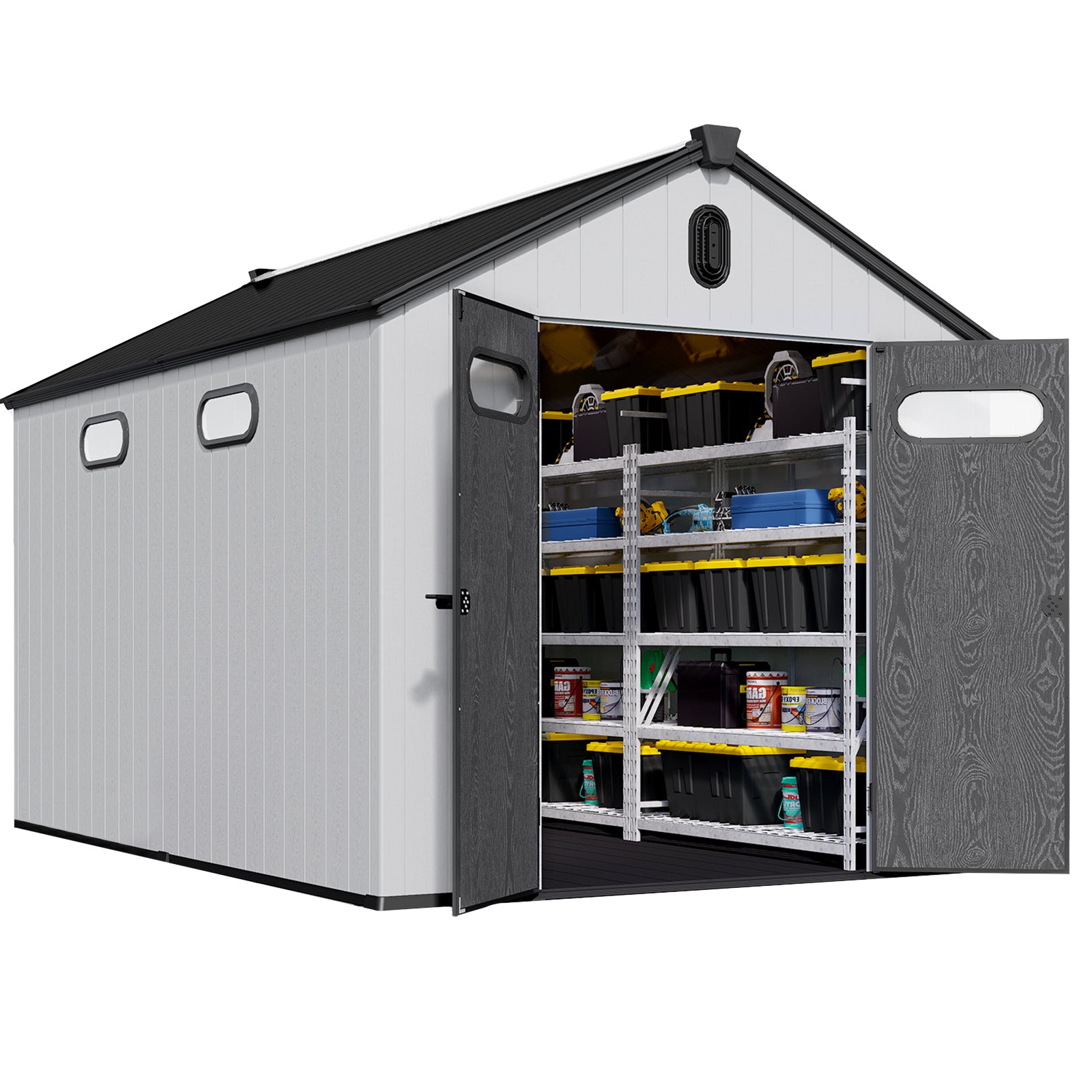 Grey plastic outdoor storage shed with dual doors open revealing shelves packed with bins
