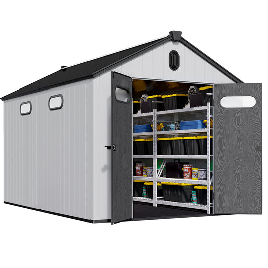 Grey plastic outdoor storage shed with dual doors open revealing shelves packed with bins