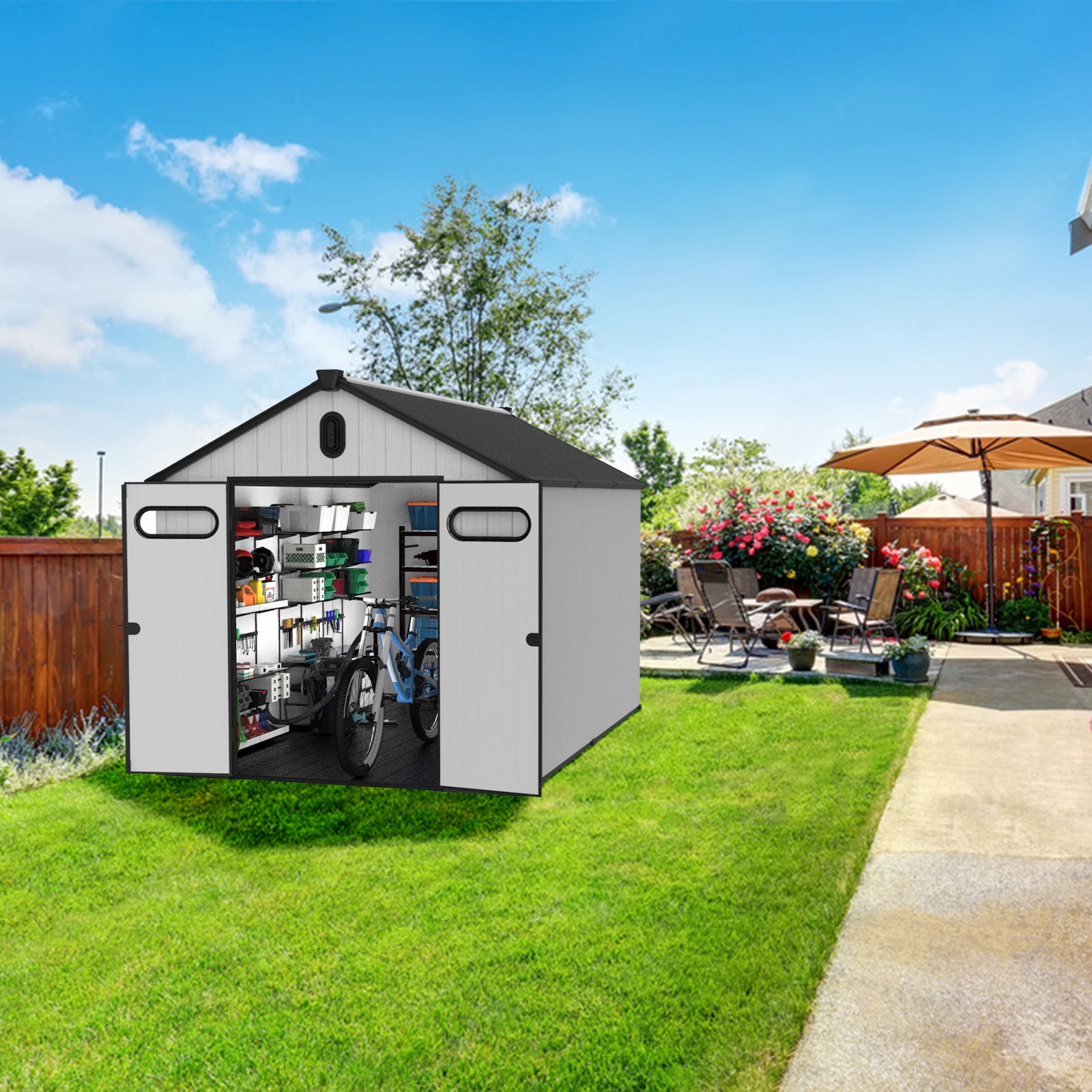Light gray outdoor storage shed with dual doors holding bikes and tools