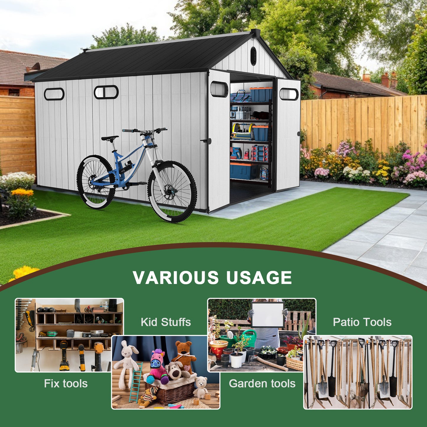White and black modern storage shed with open doors revealing shelves stocked with bins