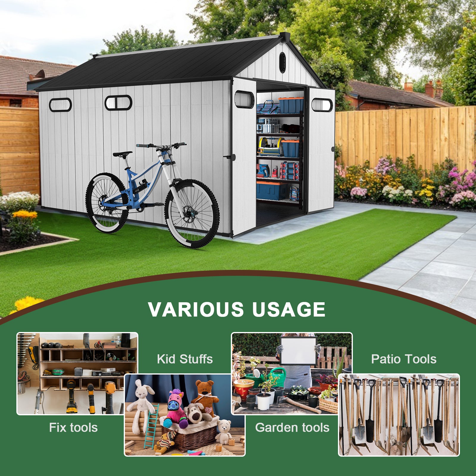 White and black modern storage shed with open doors revealing shelves stocked with bins