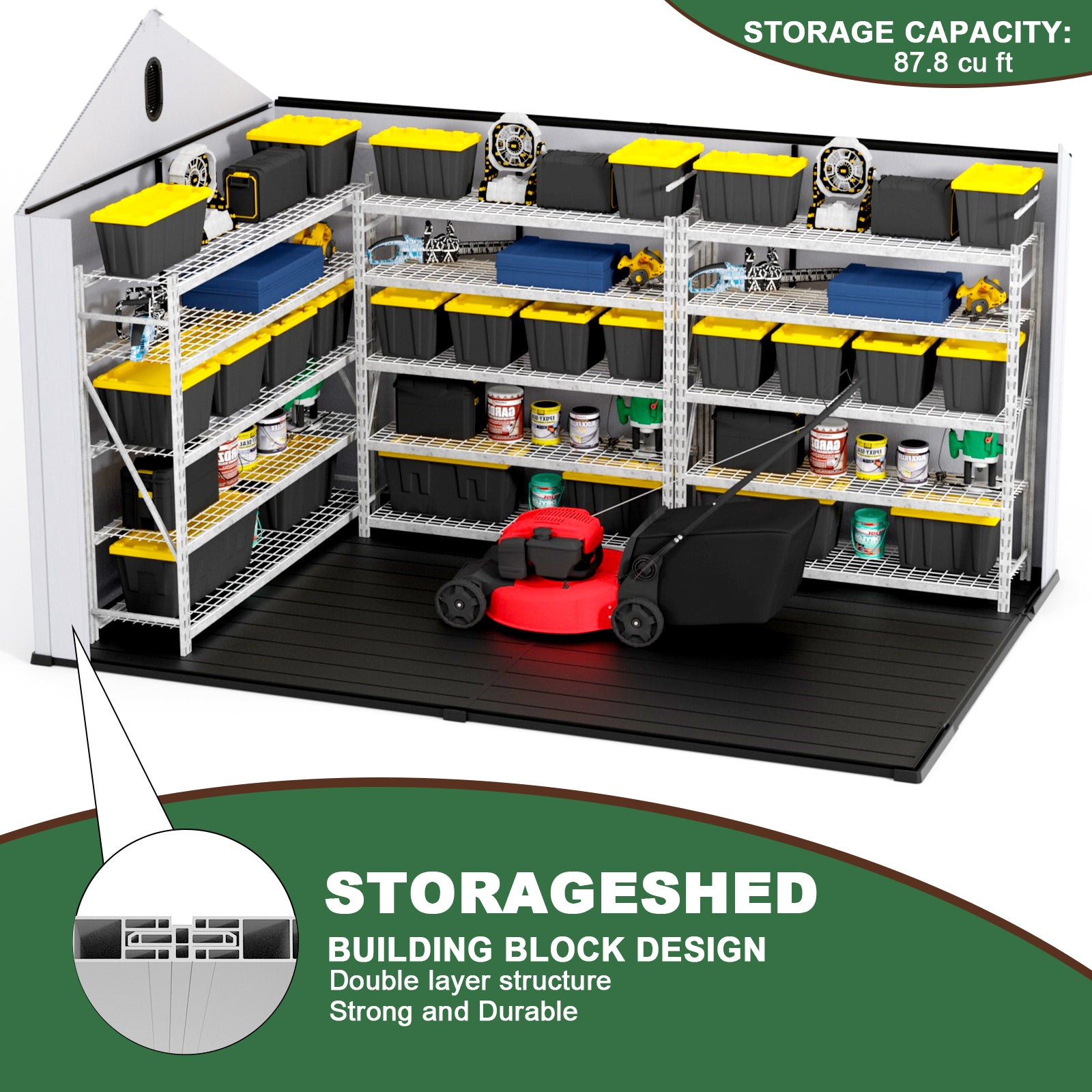 Shelving unit filled with black storage bins with yellow lids organized for garden supplies