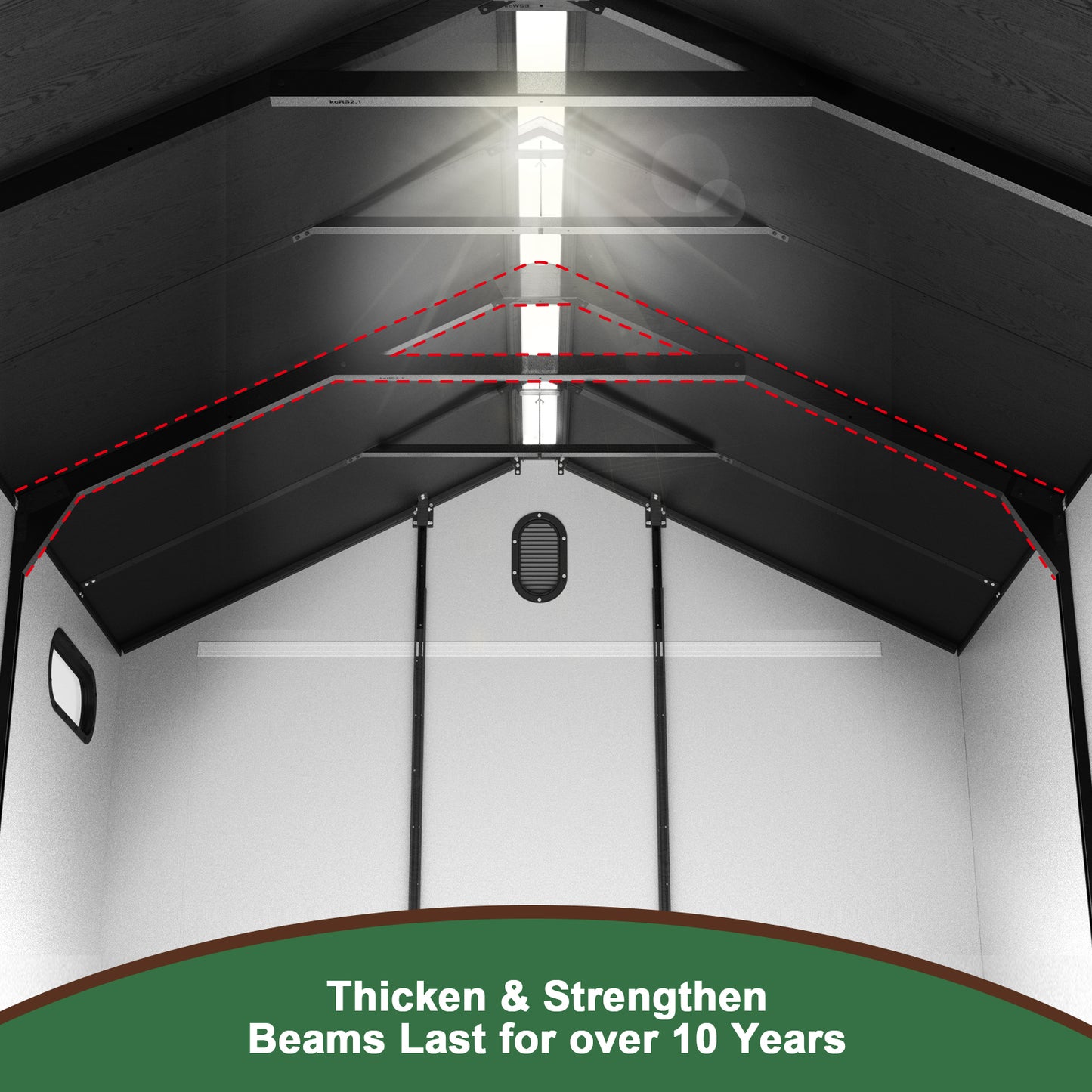 Interior view of a durable resin shed with reinforced roof beams for maximum stability