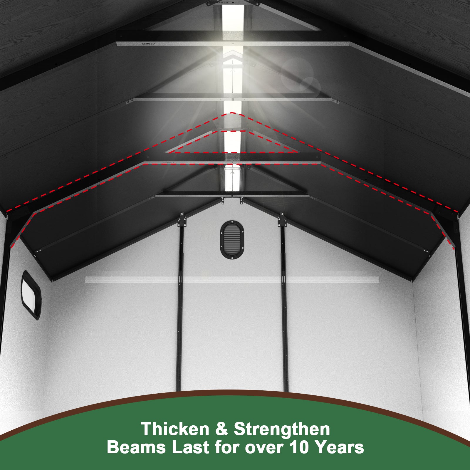 Interior view of a durable resin shed with reinforced roof beams for maximum stability