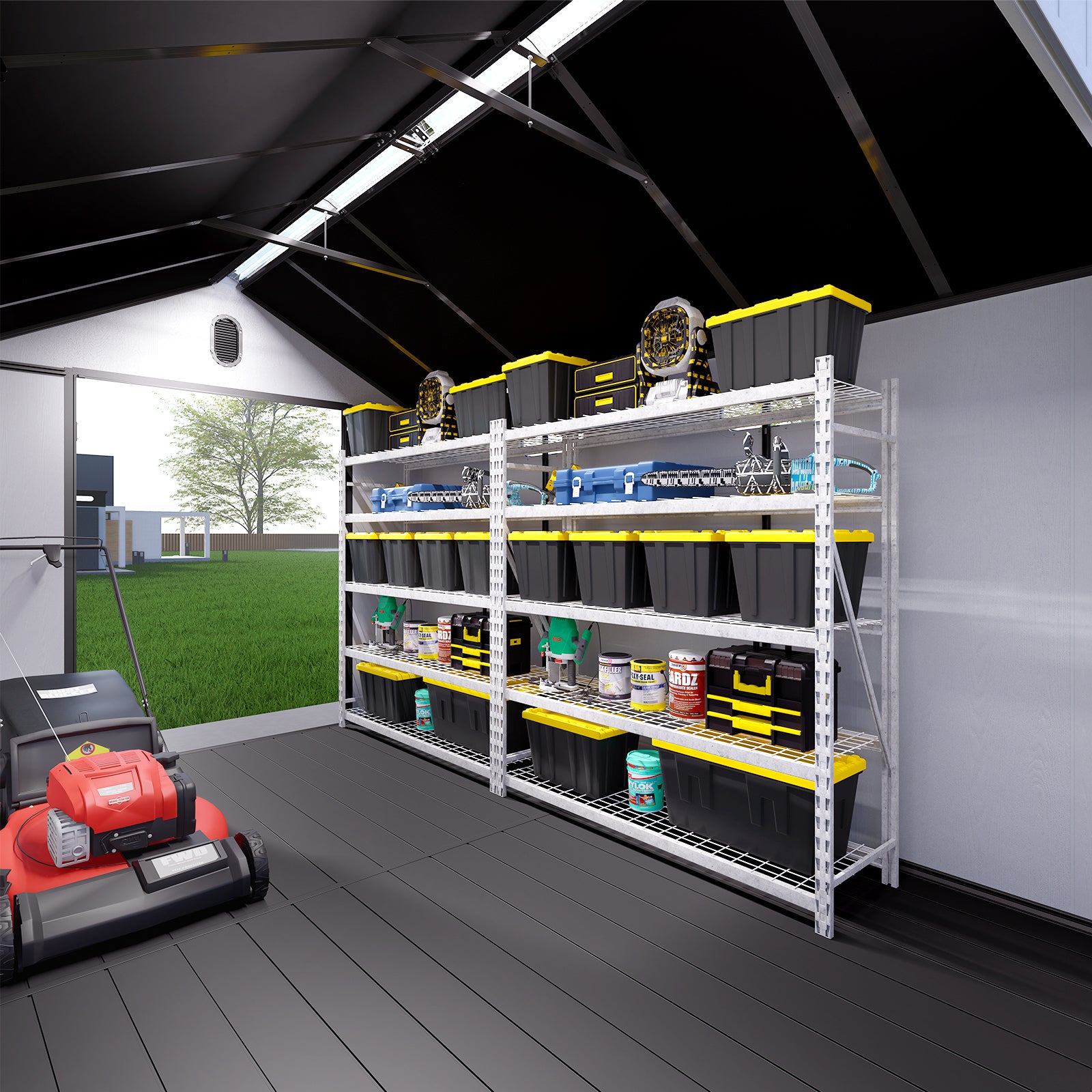 Heavyduty shelving unit stocked with black storage bins and yellow lids for garage organization