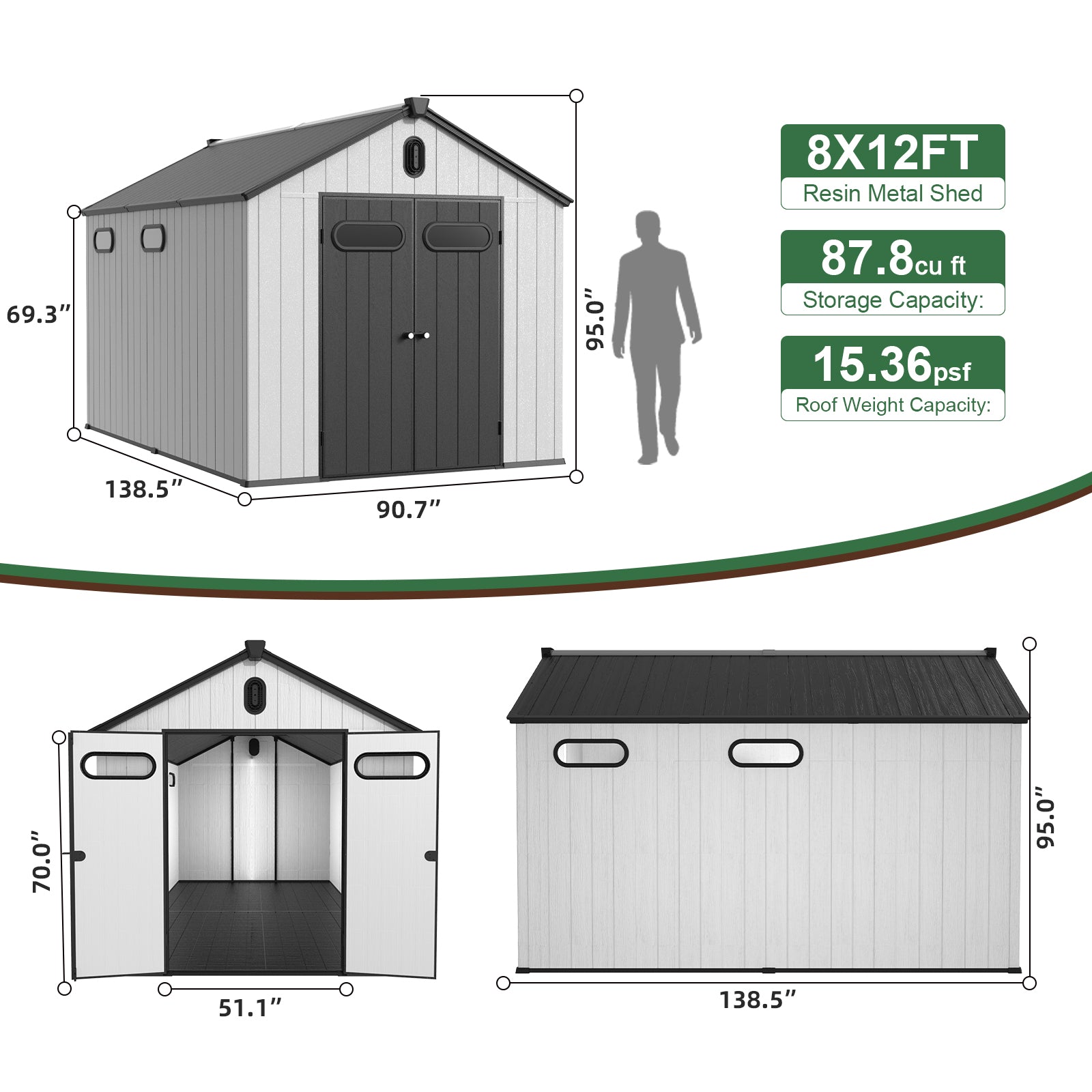 xFT resin metal shed with double doors grey siding and black roof  height