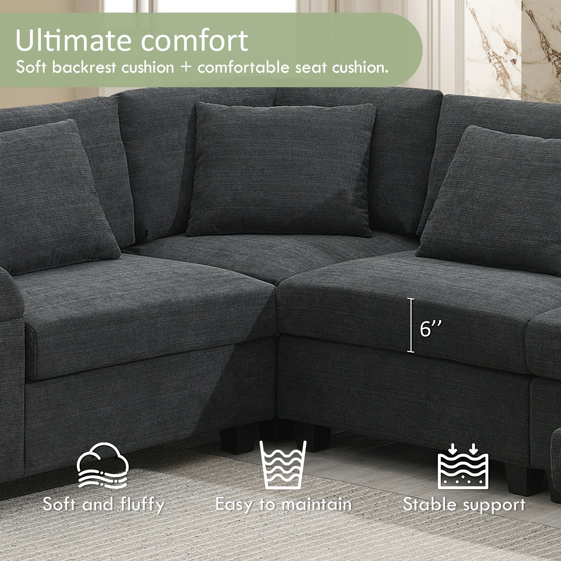 Dark grey fabric sectional sofa with plush cushions and modern design