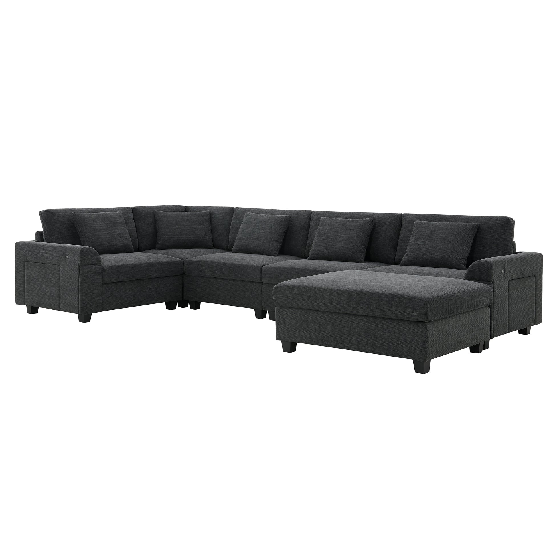 Charcoal grey fabric sectional sofa with chaise and accent pillows modern design