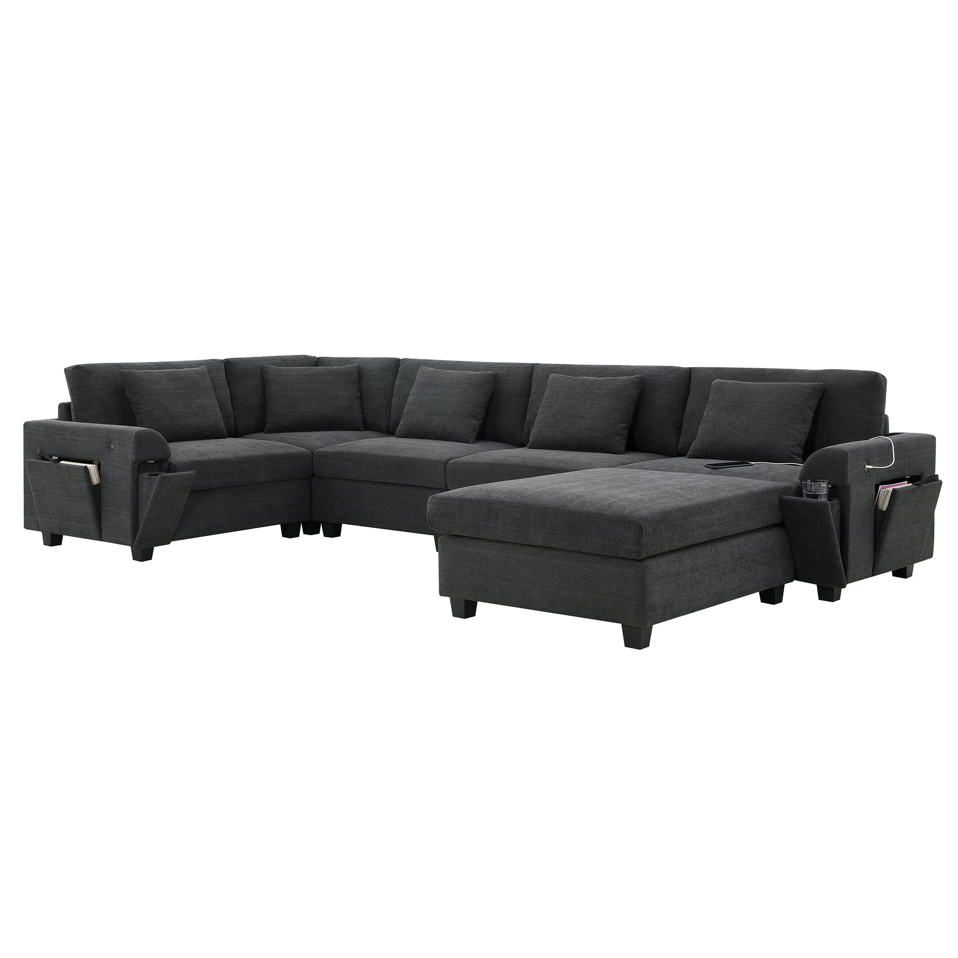 Dark gray fabric sectional sofa with builtin USB chargers and storage pockets