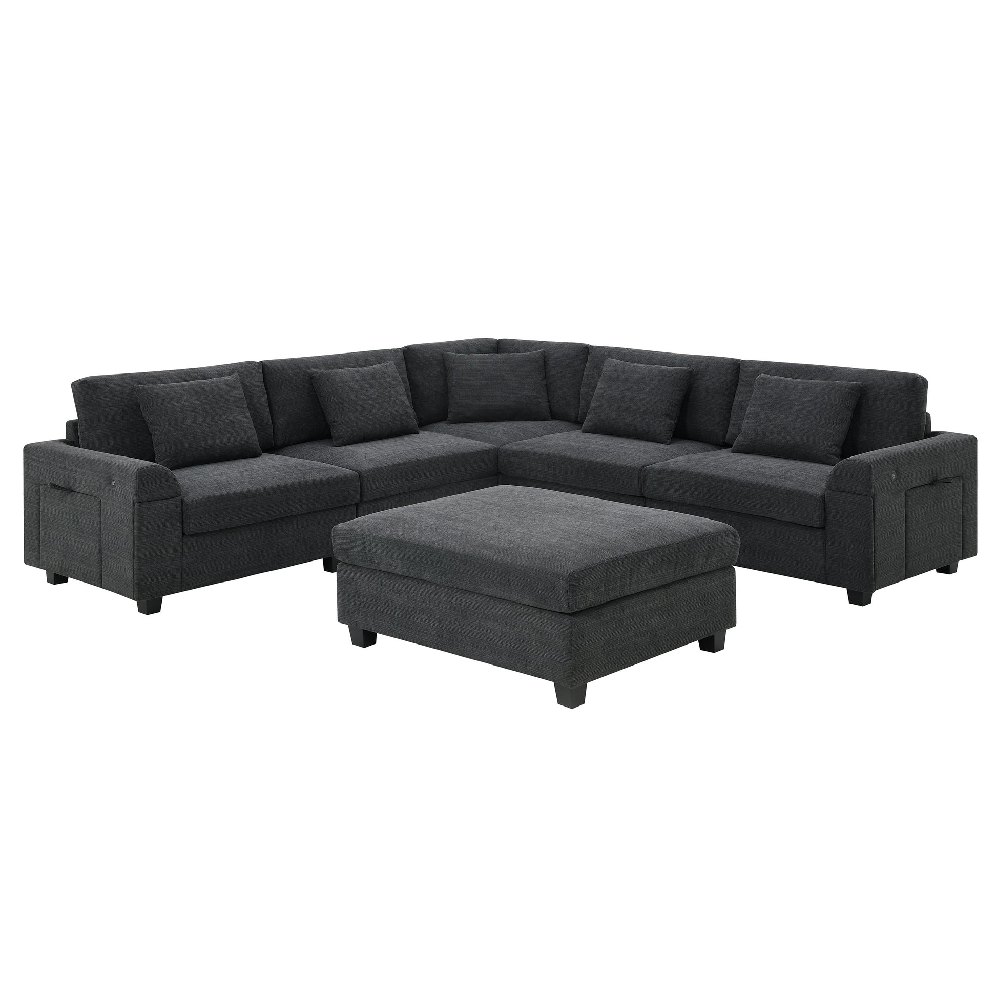 Dark charcoal fabric sectional sofa with a matching ottoman perfect for modern living rooms