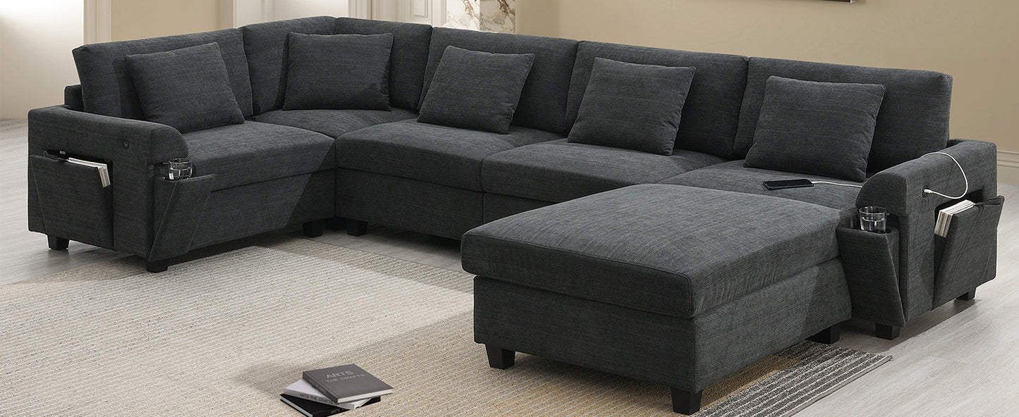 Dark gray sectional sofa with builtin USB ports and side storage pockets