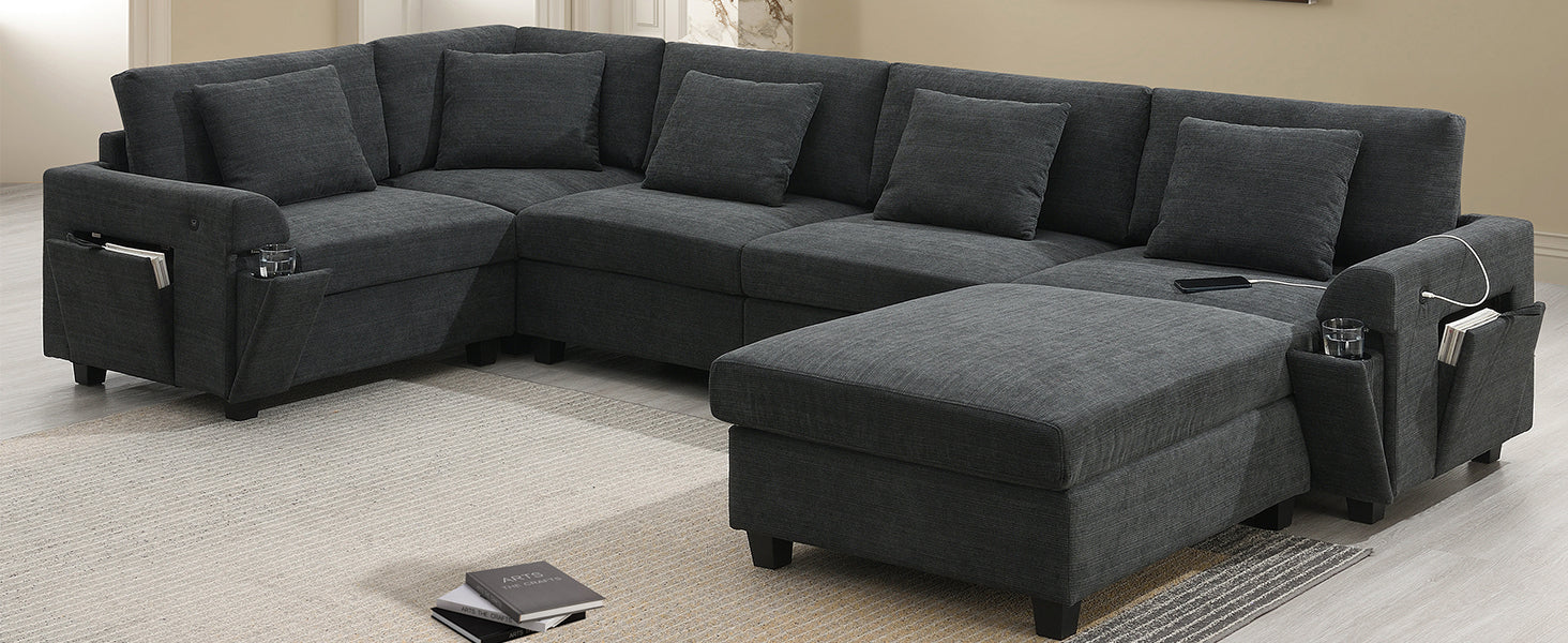 Dark gray sectional sofa with builtin USB ports and side storage pockets