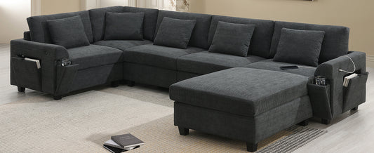 Dark gray sectional sofa with builtin USB ports and side storage pockets
