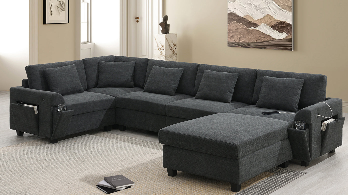 Dark charcoal fabric sectional sofa with builtin storage pockets and cup holders for modern living rooms