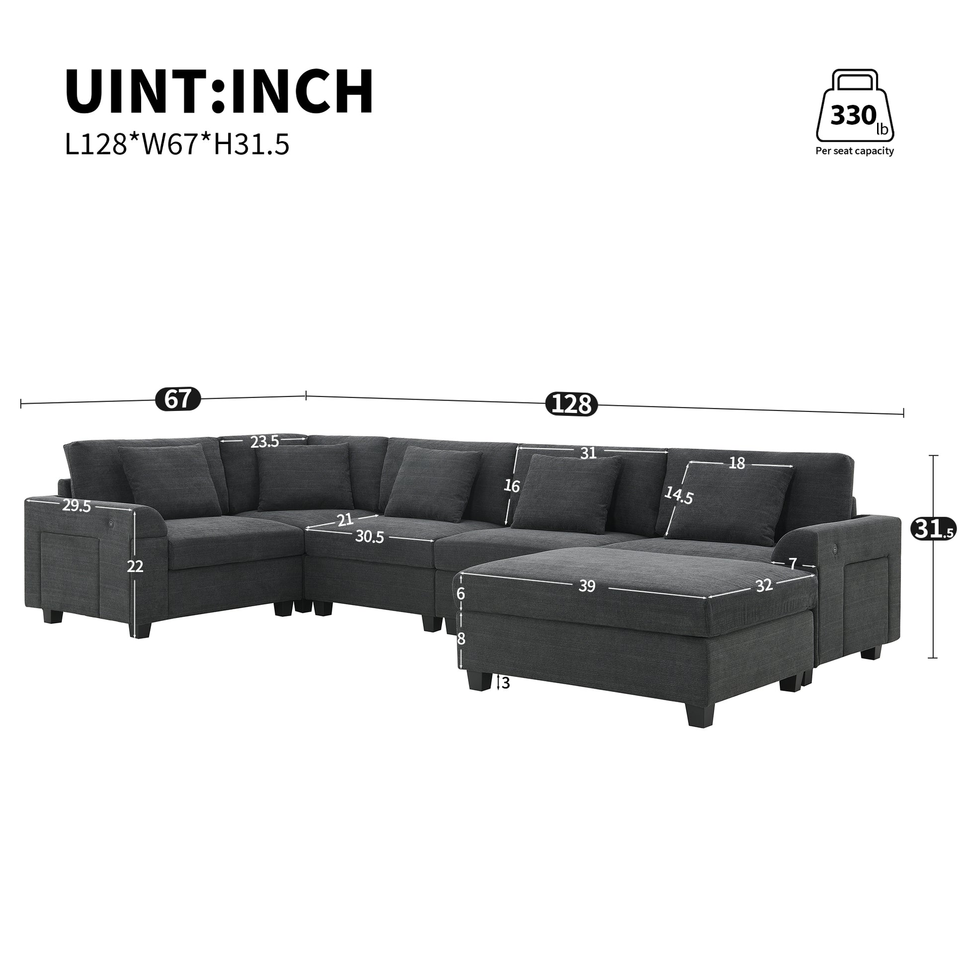 Dark grey fabric sectional sofa with chaise featuring plush cushions and modern design