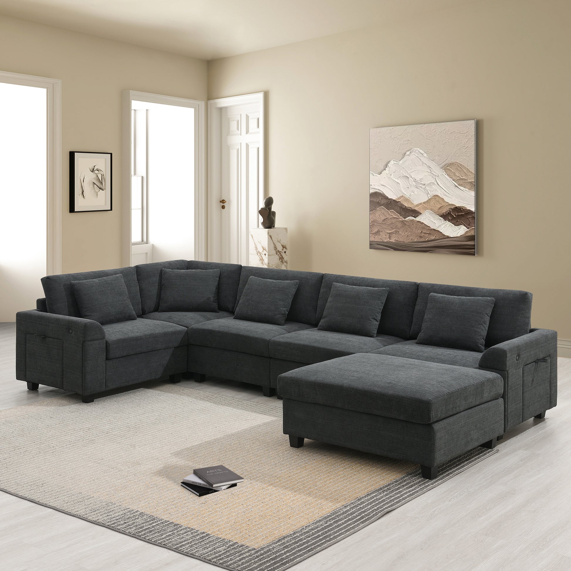Charcoal grey fabric sectional sofa with chaise lounge and storage  characters