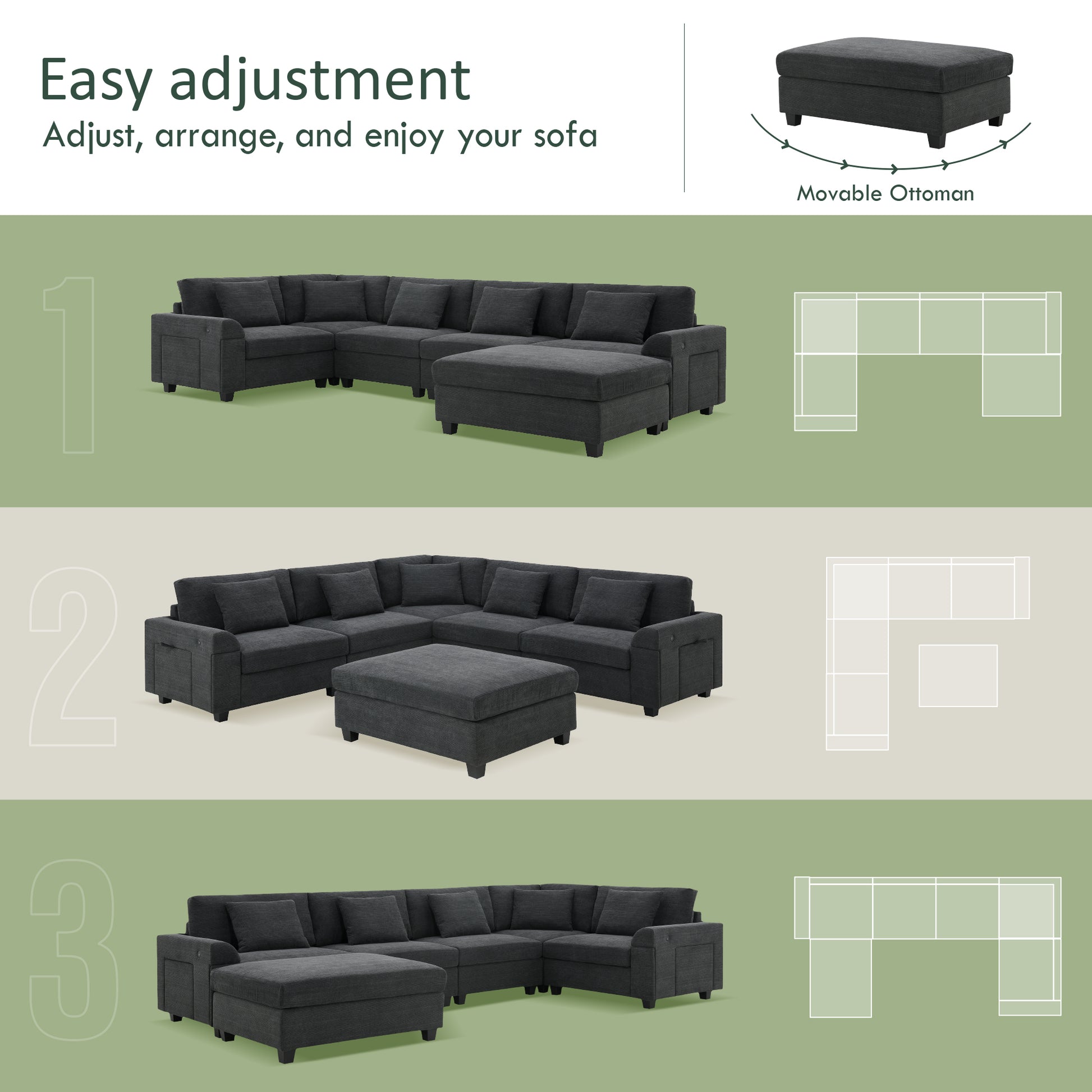 Dark gray modular sectional sofa with movable ottoman for flexible living room arrangement