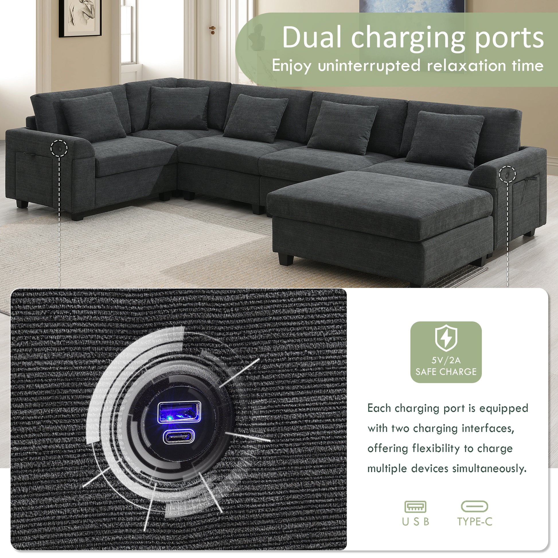 Dark gray fabric sectional sofa with integrated dual USB charging ports for modern convenience