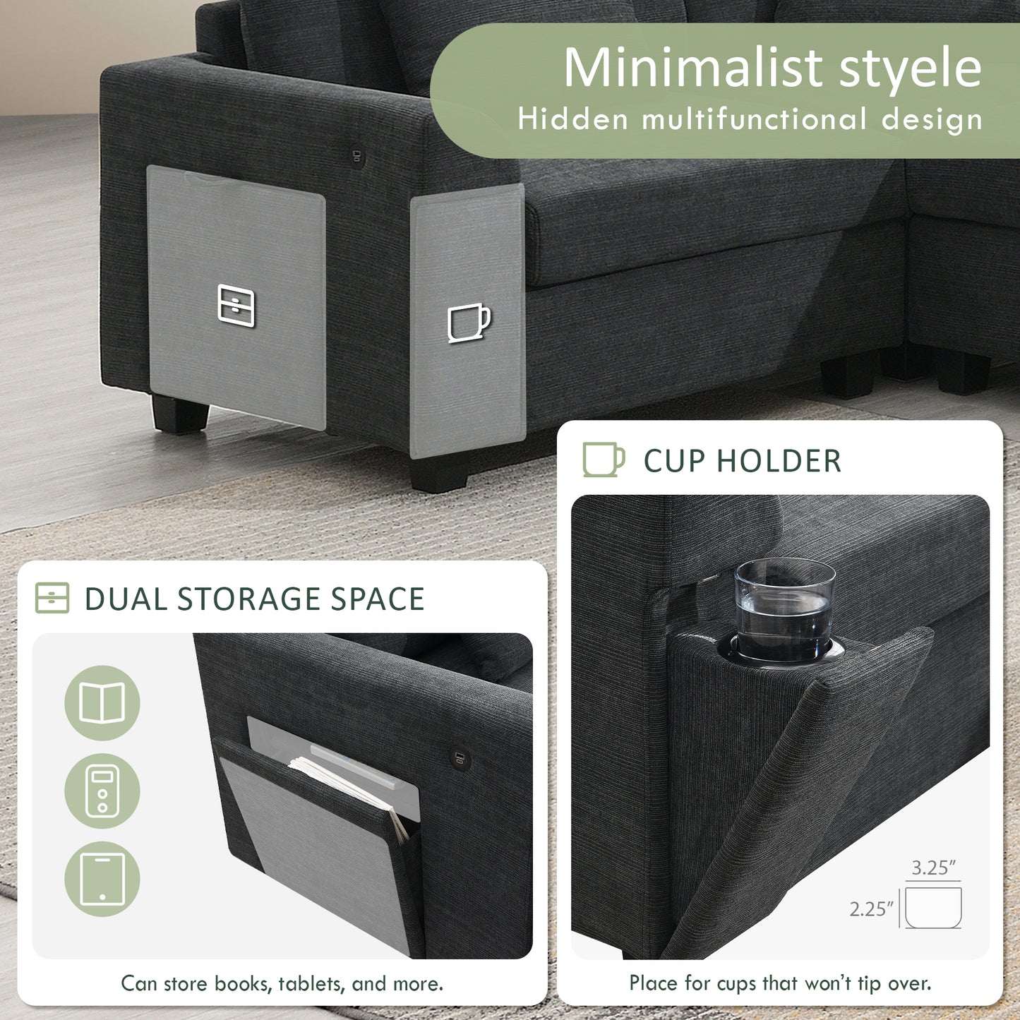 Dark gray sectional sofa with builtin dual storage pockets on the armrest