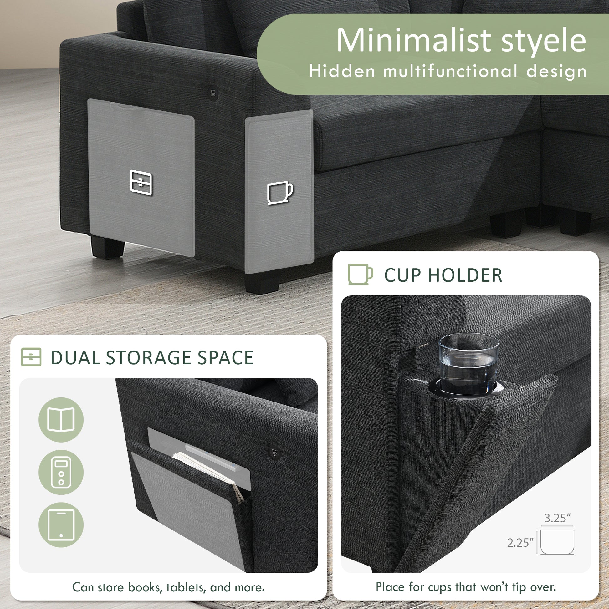 Dark gray sectional sofa with builtin dual storage pockets on the armrest