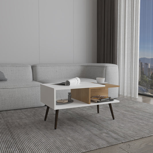 Modern white coffee table with natural wood accent and dark tapered legs