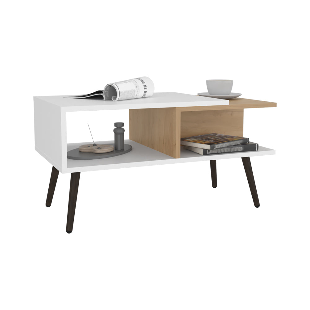 Modern white and wood coffee table with angled legs featuring open shelving and a duallevel design