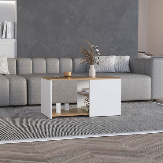 Modern white and wood cube coffee table with open shelving and decorative items
