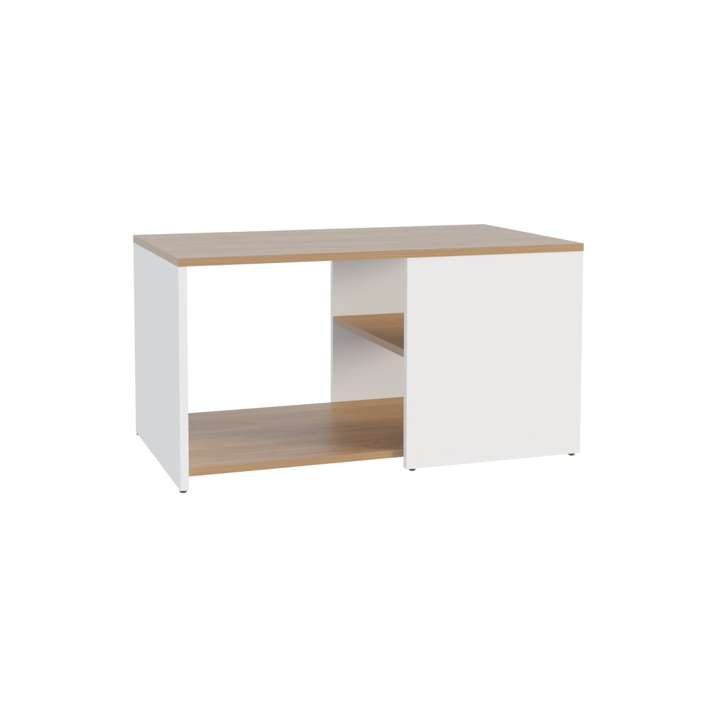 Modern white and oak wood desk with open shelving and a clean minimalist design