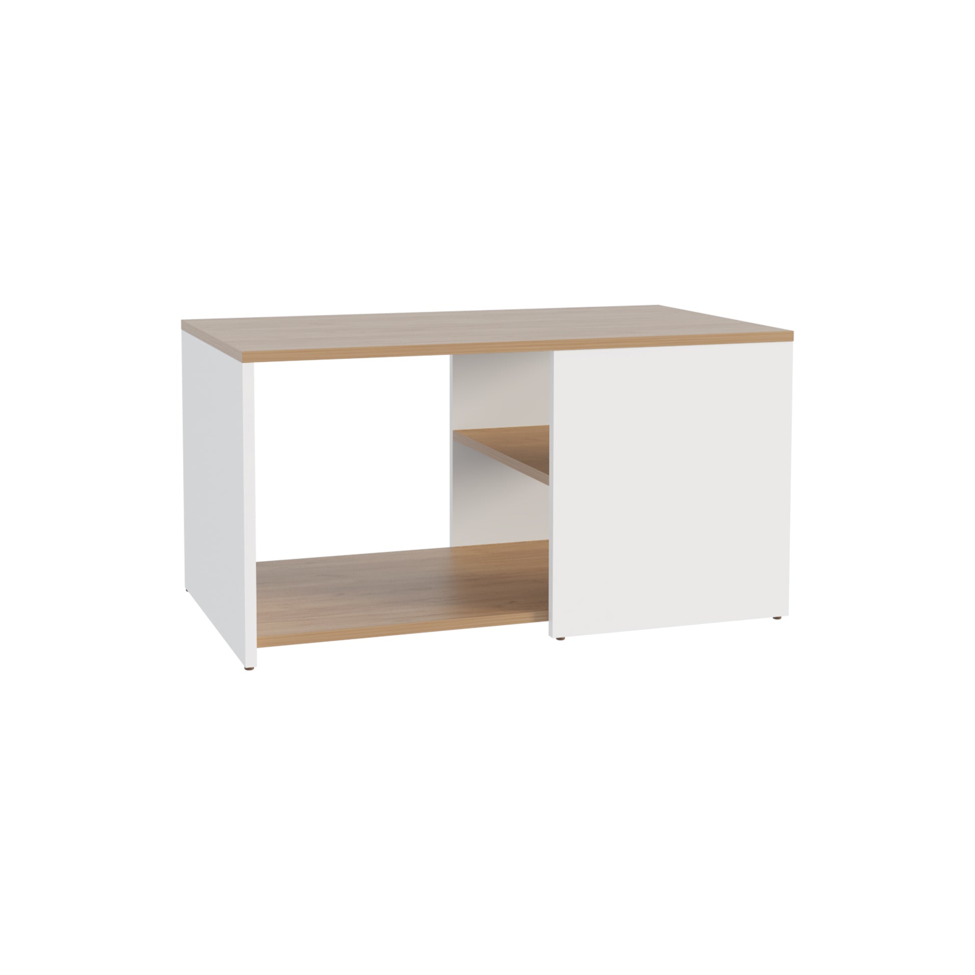 Modern white and oak wood desk with open shelving and a clean minimalist design