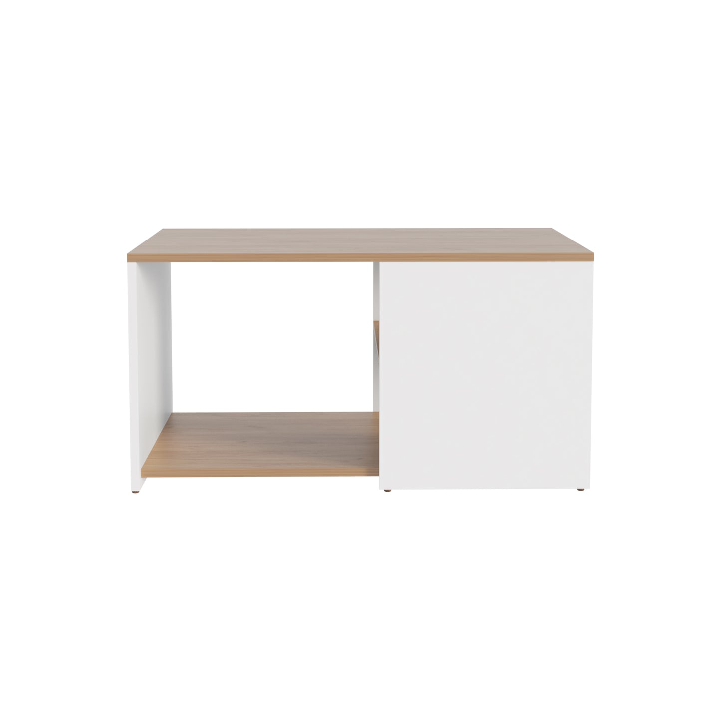 Modern oak and white coffee table with open shelving and side cabinet storage