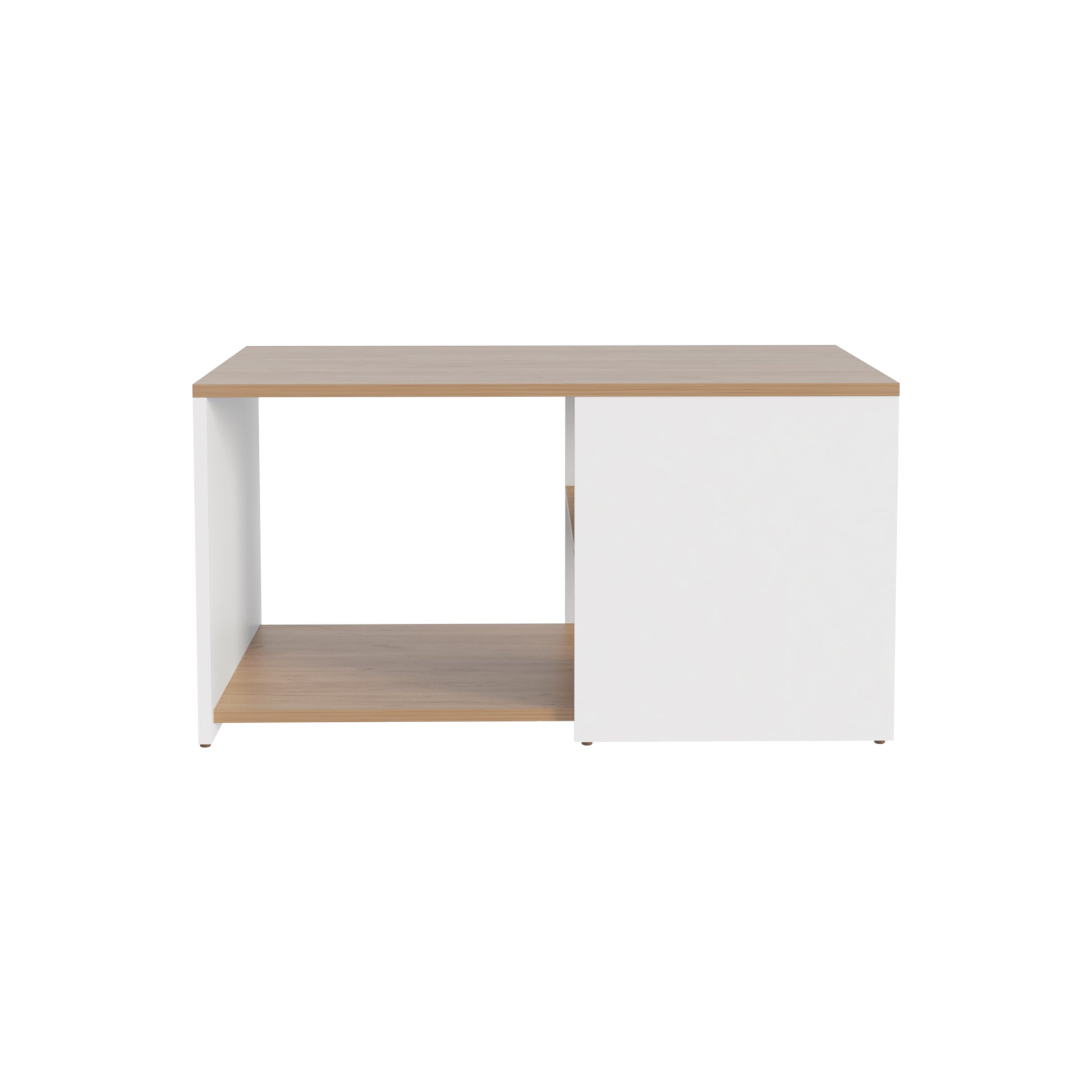 Modern oak and white coffee table with open shelving and side cabinet storage